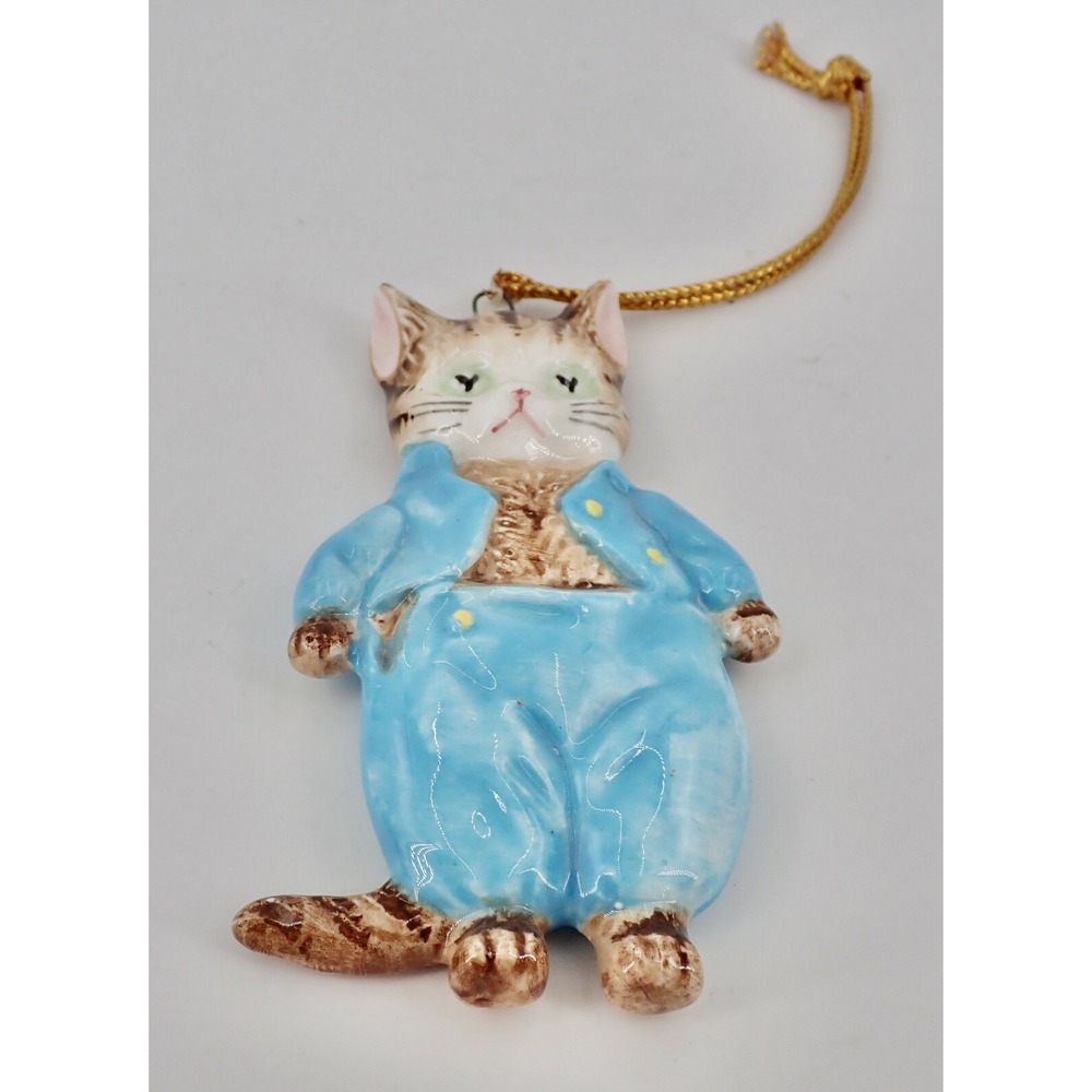 Vintage Ornament Schmid Porcelain Tan Kitten with Blue Clothing 1982